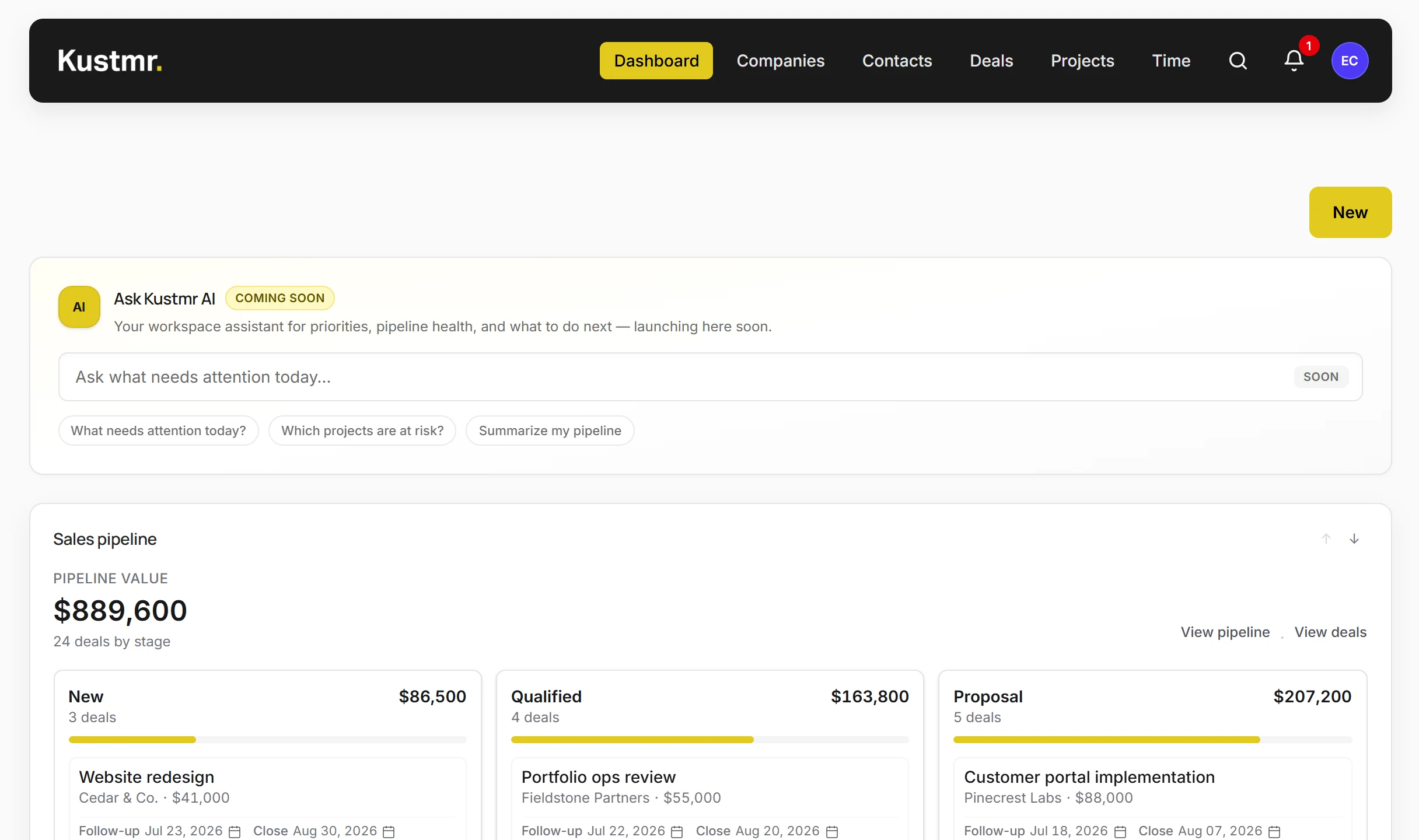 Kustmr dashboard overview with navigation, AI assistant and sales pipeline